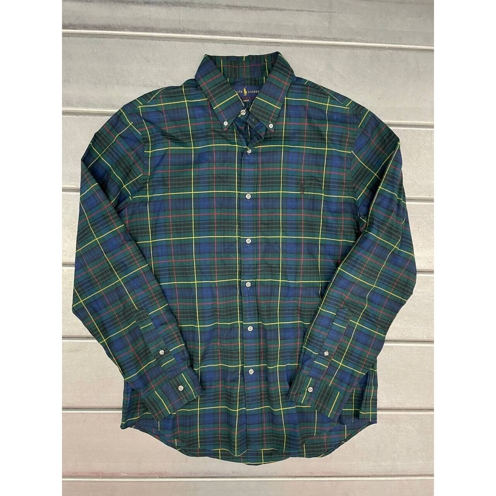 Ralph Lauren Slim Fit Button Up Shirt Mens‎ Large Green Plaid Casual Long Sleeve
